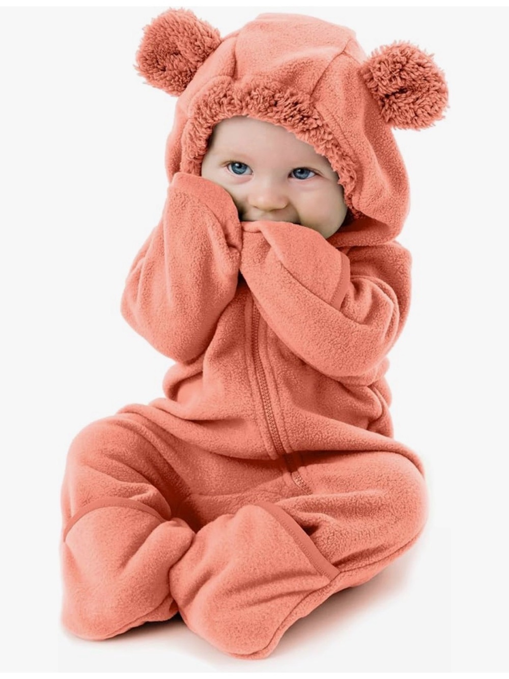 Fleece Bear-Ear Hooded Baby One-Piece in Coral
